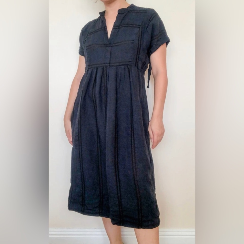STEVEN ALAN Navy blue linen dress P Black stripes MIDI Short Sleeved Small Bib s